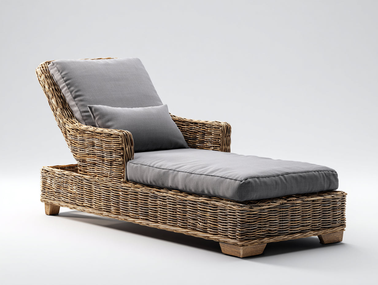 Lettino prendisole - rattan-tessuto-legno - 205 x 82 x 92 cm - marrone-grigio - stile rustico con braccioli avvolgenti