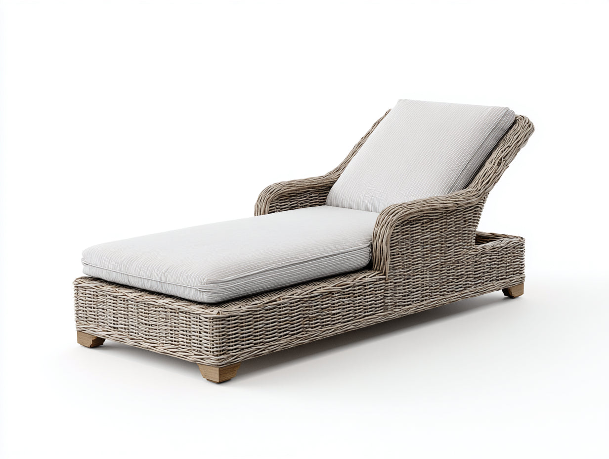 Lettino prendisole - rattan-tessuto-legno - 198 x 77 x 88 cm - beige-grigio chiaro - stile naturale con braccioli curvi