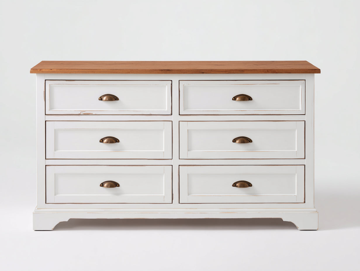 Cassettiera - Legno-MDF-Metallo - 128x45x84 cm - Bianco anticato-Rovere naturale-Ottone brunito - Stile rustico tradizionale