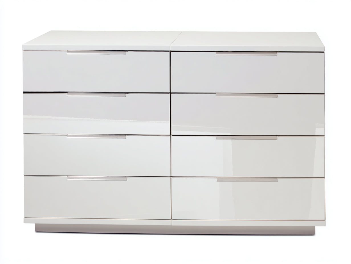 Cassettiera - MDF-Metallo - 138x44x96 cm - Bianco lucido-Argento - Stile minimalista geometrico