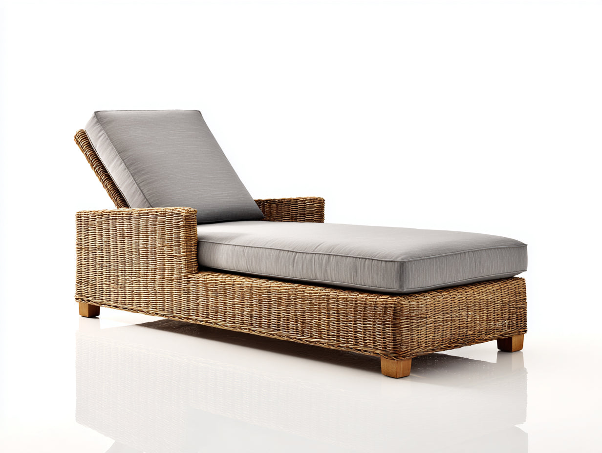 Lettino prendisole - rattan-tessuto-legno - 202 x 79 x 88 cm - miele-grigio tortora - stile contemporaneo con braccioli lineari