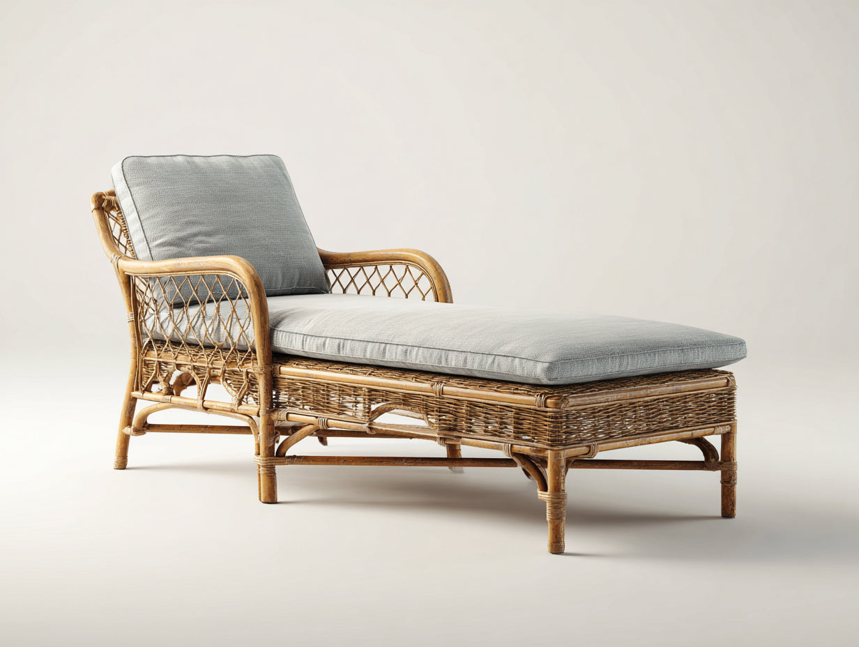 Lettino prendisole - rattan-tessuto-legno - 201 x 76 x 84 cm - miele-grigio - stile vintage con intreccio aperto