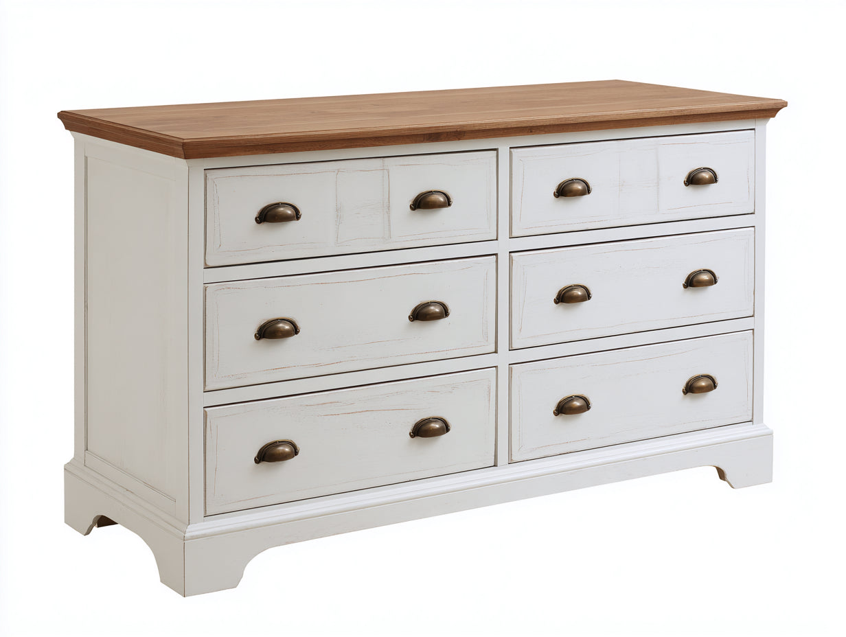 Cassettiera - Legno-MDF-Metallo - 132x47x88 cm - Bianco anticato-Rovere miele-Ottone brunito - Stile country vintage