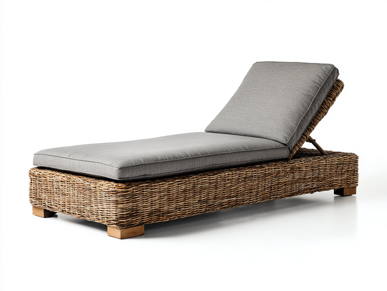 Lettino prendisole - rattan-tessuto-legno - 198 x 75 x 82 cm - marrone-grigio - stile minimalista con schienale regolabile