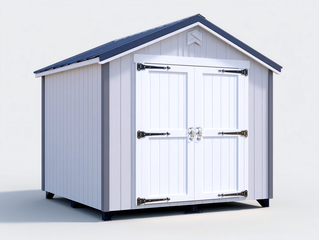 Casetta da giardino - resina - 208 x 180 x 224 cm - grigio chiaro-bianco-blu scuro - stile classico con doppia porta